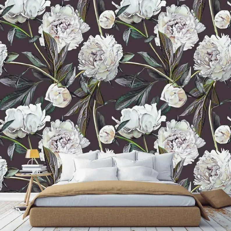 Oversized White Blossoming Roses on Dark Wallpaper