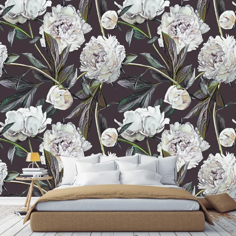 Oversized White Blossoming Roses on Dark Wallpaper - MAIA HOMES