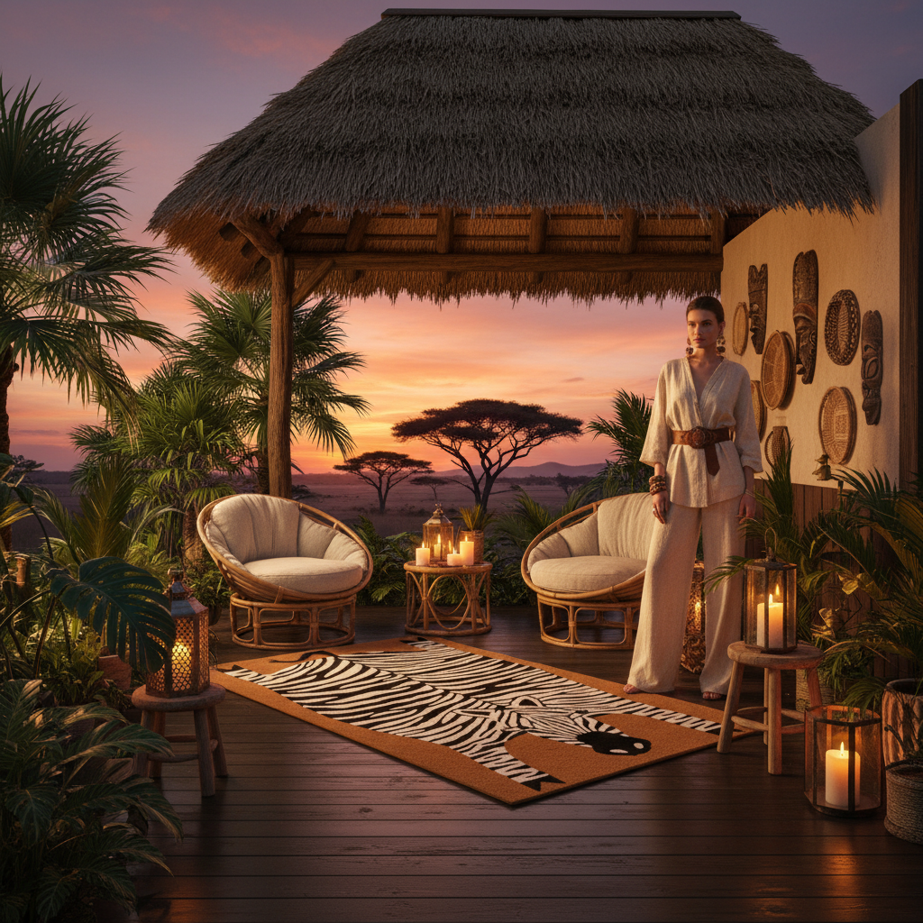 Person standing in a tropical outdoor setting with a zebra rug, a thatched roof and sunset view.