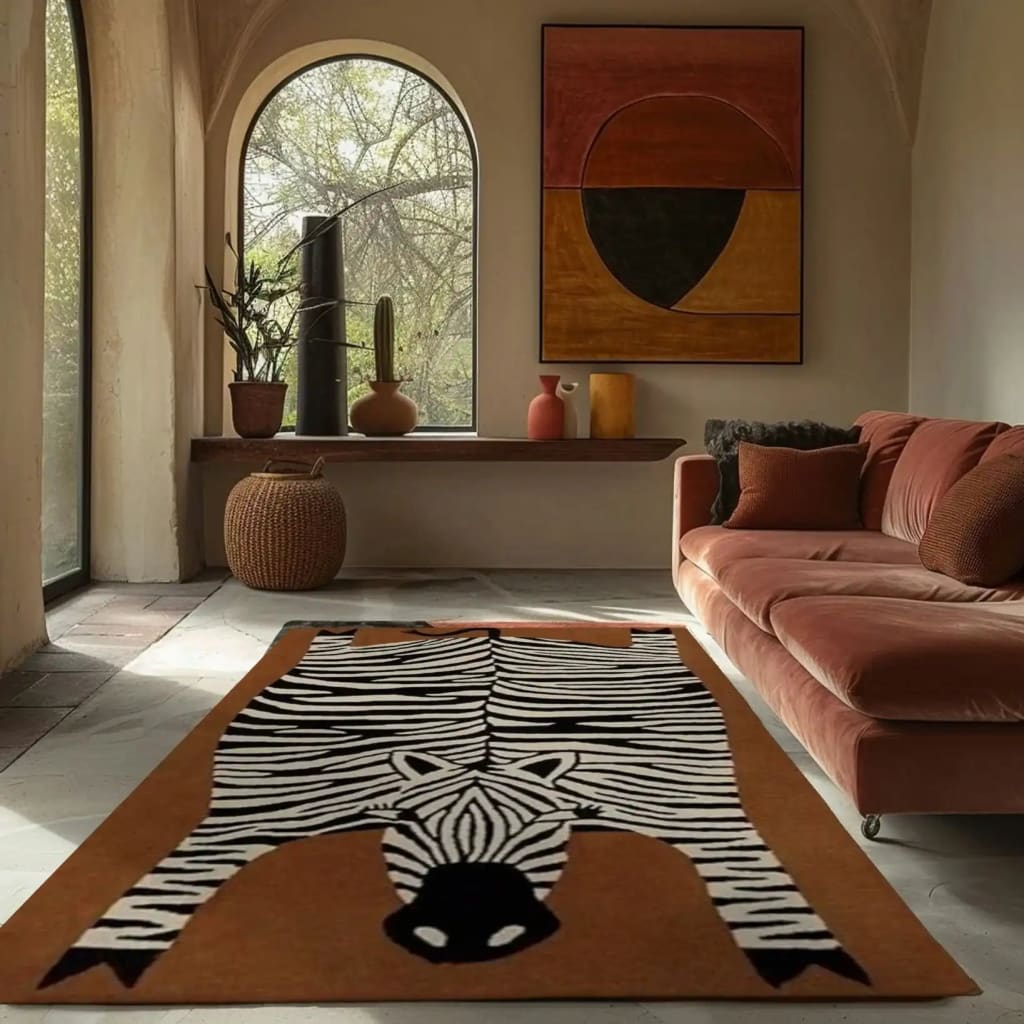 Stylish oversized zebra hand tufted wool rug in a cozy living room setting. The area rug features a bold zebra pattern, complementing the earthy tones of the sofa and decor. Ideal for dining rooms and living room areas, this wool rug adds a touch of modern elegance.