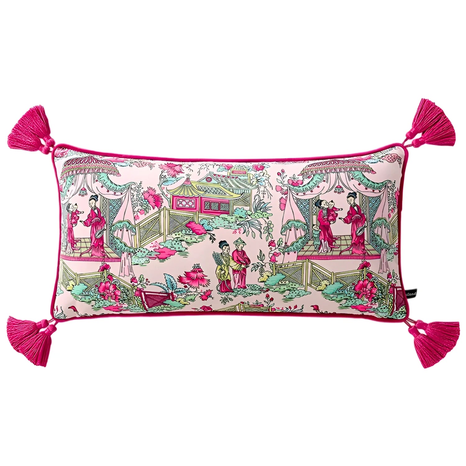 Decorative pillow with Chinese-style pattern and pink tassels on a white background