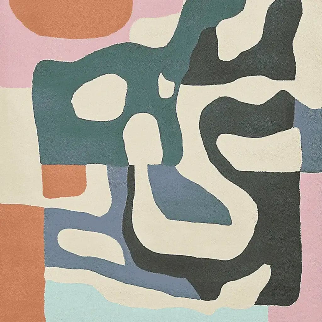A vibrant hand-tufted area rug featuring abstract landform shapes in a mix of earth tones and pastels. This contemporary wool rug is perfect for adding a stylish touch to living room spaces, especially in an 8x10 size. Ideal for those seeking unique area rugs for living rooms.