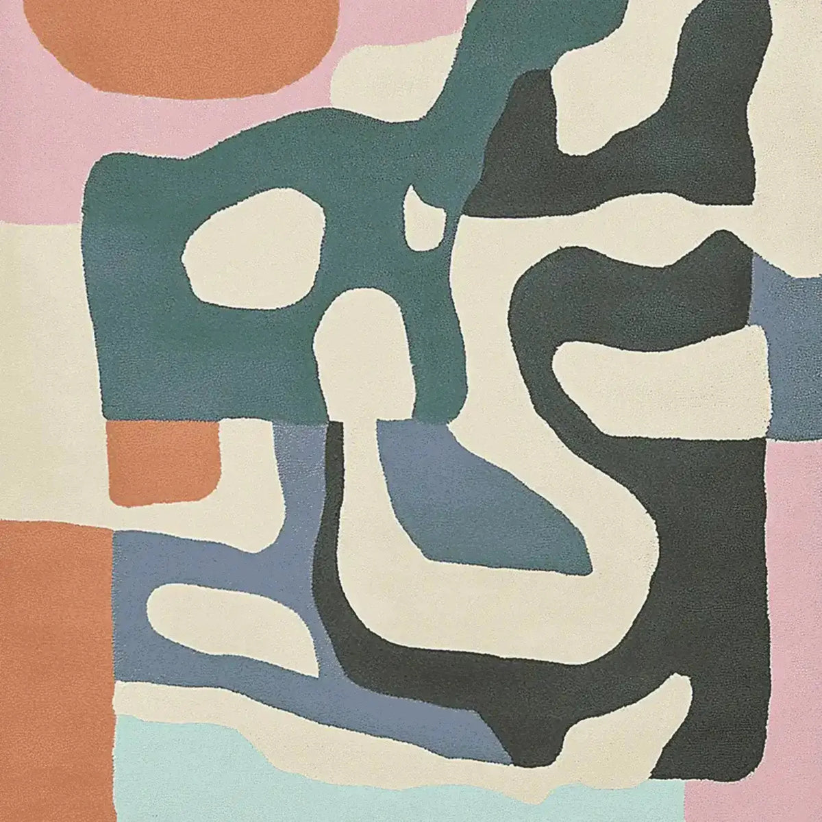 A vibrant hand-tufted area rug featuring abstract landform shapes in a mix of earth tones and pastels. This contemporary wool rug is perfect for adding a stylish touch to living room spaces, especially in an 8x10 size. Ideal for those seeking unique area rugs for living rooms.