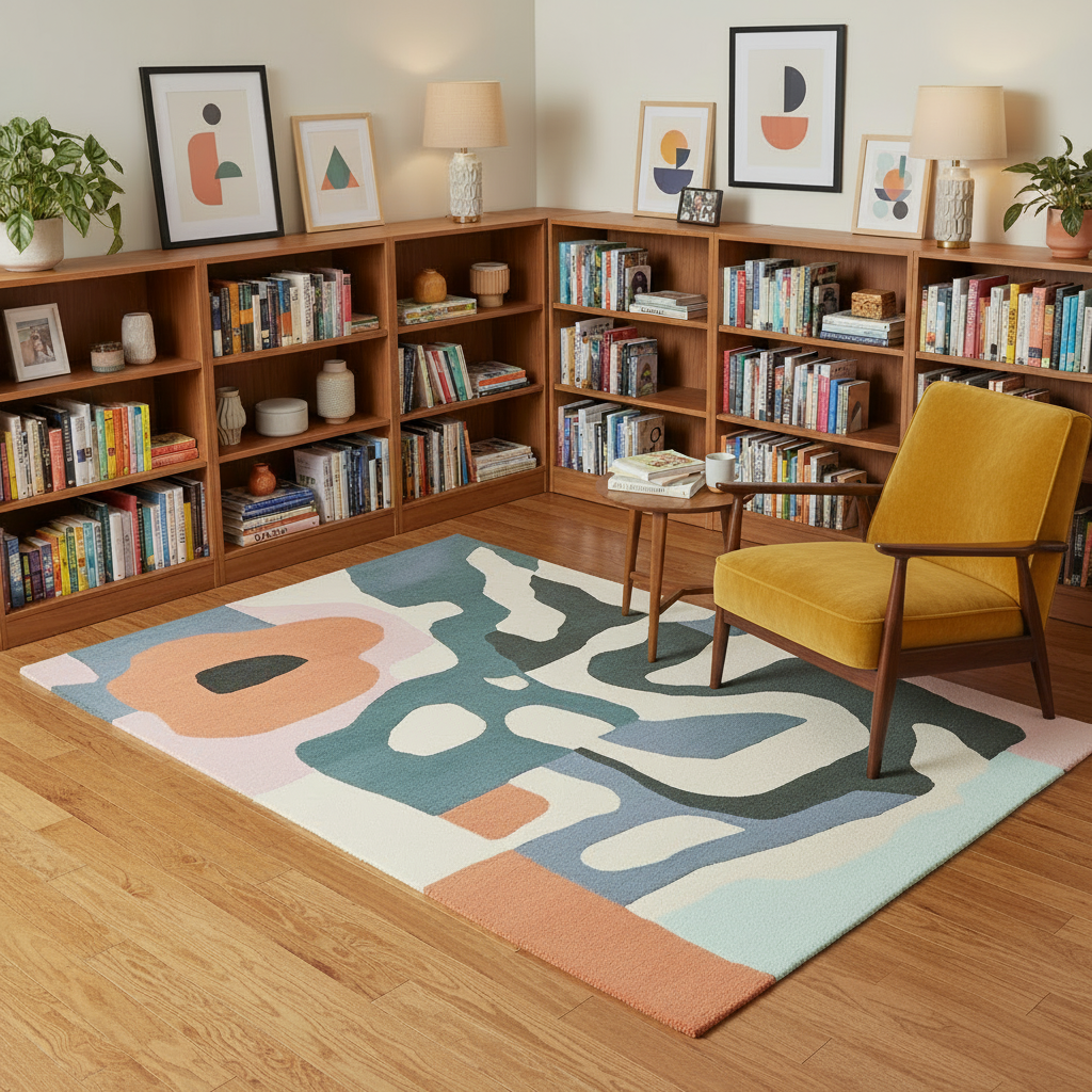 Room with bookshelves, a yellow chair, and a colorful abstract rug.