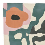 Top view of a contemporary area rug showcasing abstract painted landform shapes in earthy tones. This wool rug, perfect for an 8x10 living room setting, combines soft pinks, greens, and oranges, creating a modern art-inspired centerpiece for your space.