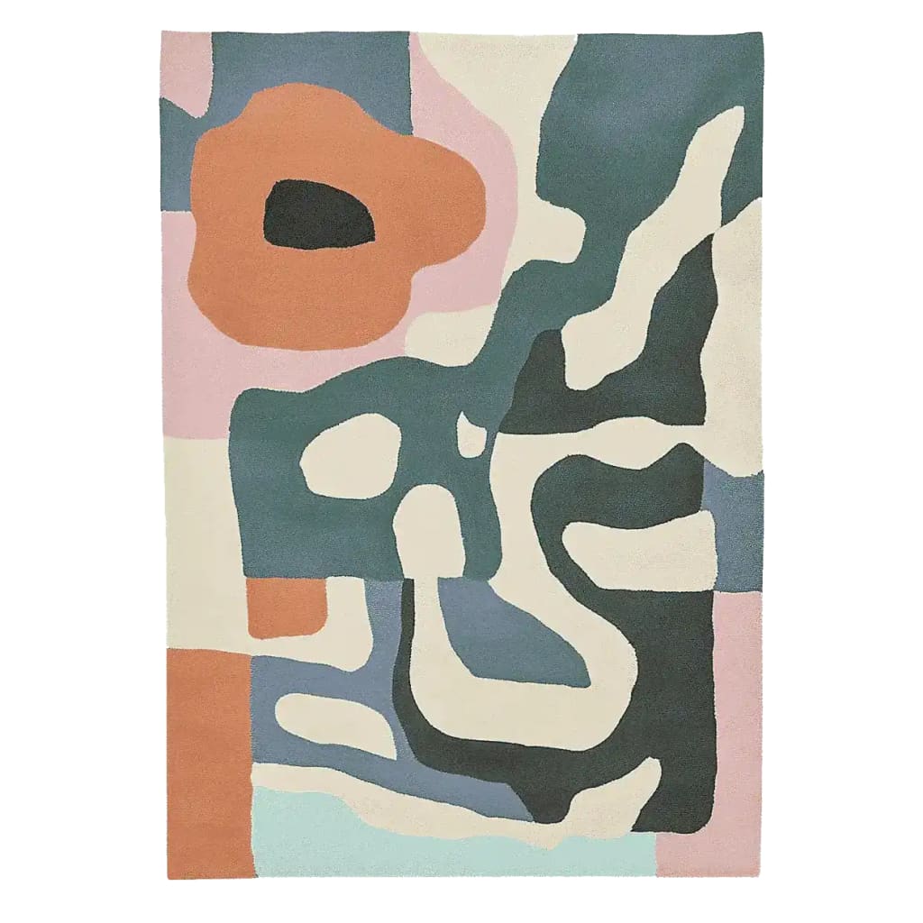 A beautifully crafted area rug with abstract painted landform shapes, featuring a mix of earthy tones and soft pastels. This contemporary wool rug is perfect for adding a modern touch to living rooms, especially fitting as an 8x10 area rug.