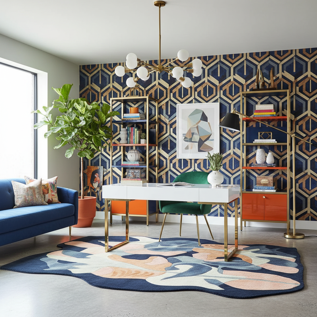 Modern office room with geometric contemporary wool rug, colorful furniture, and decorative elements.