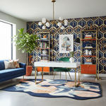 Modern office room with geometric contemporary wool rug, colorful furniture, and decorative elements.