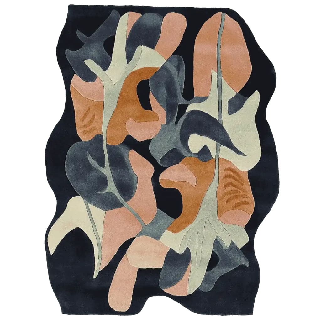 Contemporary area rug with an abstract leaf design, hand-tufted in wool, perfect for large living rooms. The Painterly Leaf Drift rug showcases a blend of earthy tones and modern artistry, making it an ideal choice for area rugs for living room spaces.