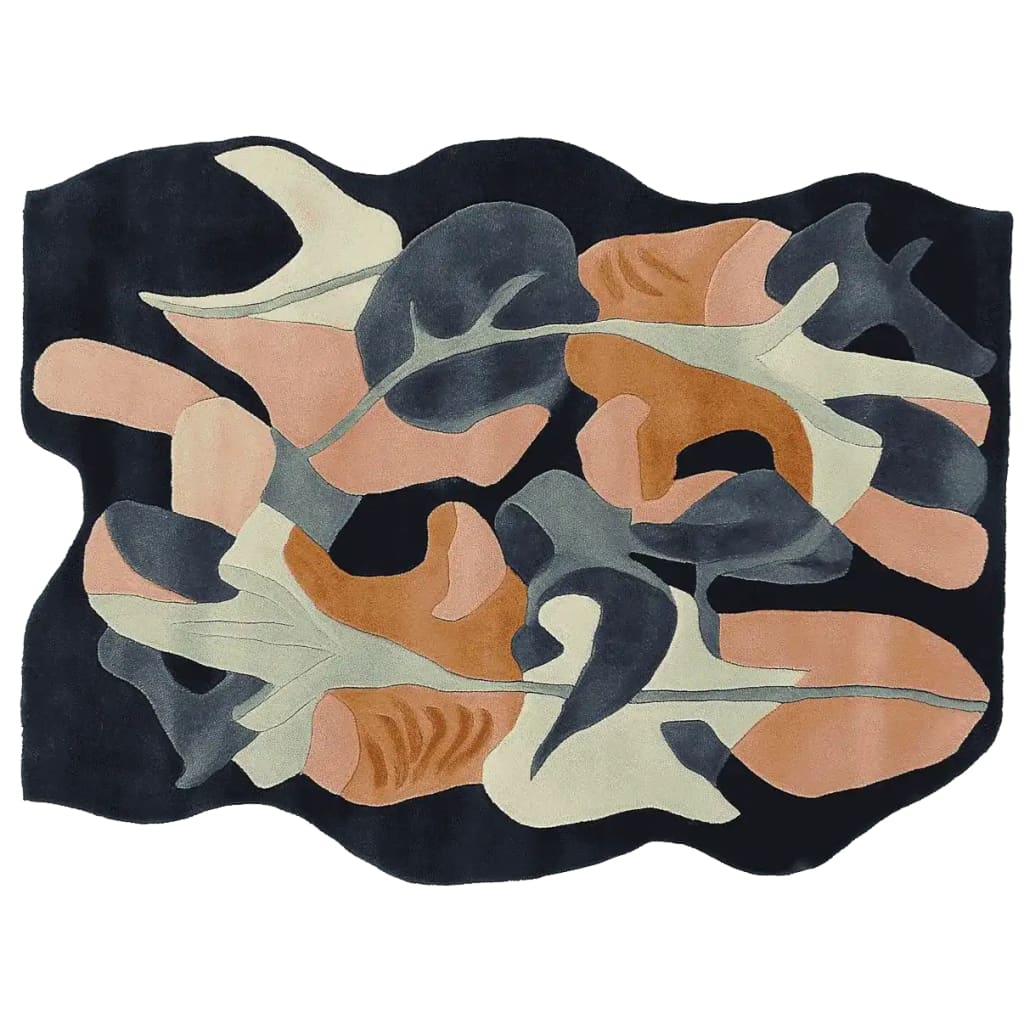 This image showcases a Painterly Leaf Drift Hand Tufted Area Rug, featuring an abstract design with dynamic leaf patterns in earthy tones. This contemporary wool rug, ideal for large living rooms, adds a touch of artistic elegance to any space, making it a perfect choice for area rugs for living room settings.