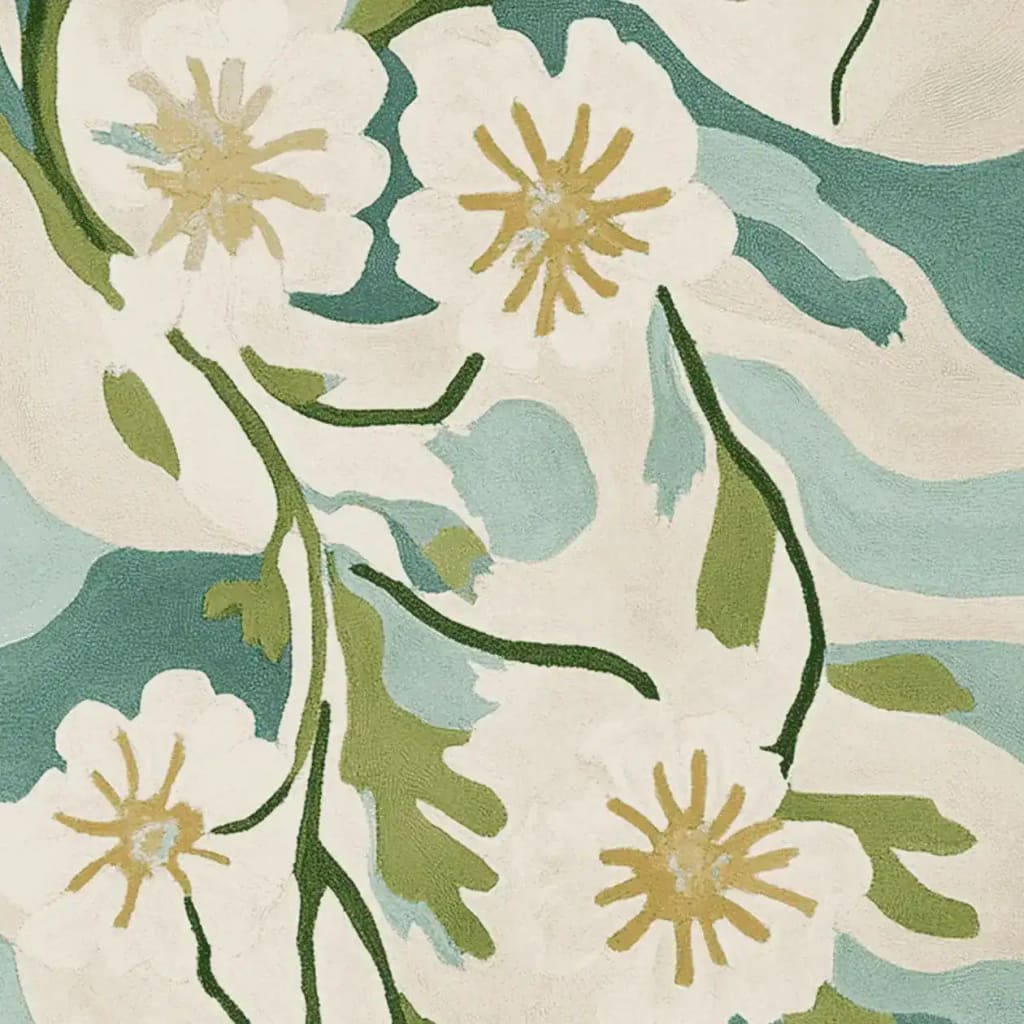 Close-up view of the Painterly Petal Dream Hand Tufted Area Rug, featuring a contemporary floral design with soft blue, green, and cream hues. Perfect for adding a touch of elegance to living room area rugs, this wool rug combines modern style with artistic flair, ideal for those seeking contemporary rugs for living rooms.