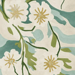 Close-up view of the Painterly Petal Dream Hand Tufted Area Rug, featuring a contemporary floral design with soft blue, green, and cream hues. Perfect for adding a touch of elegance to living room area rugs, this wool rug combines modern style with artistic flair, ideal for those seeking contemporary rugs for living rooms.