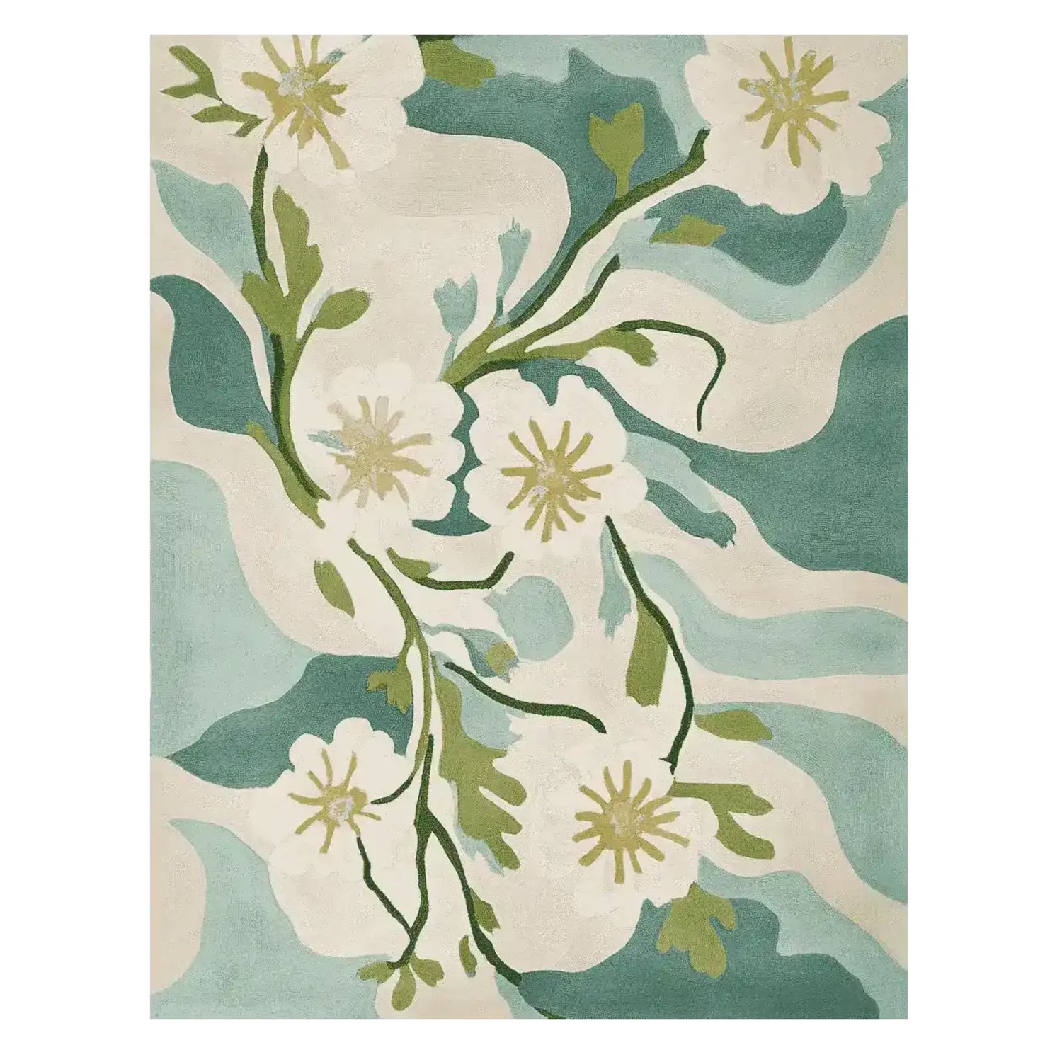 Floral patterned rug with white flowers and green leaves on a teal and beige background