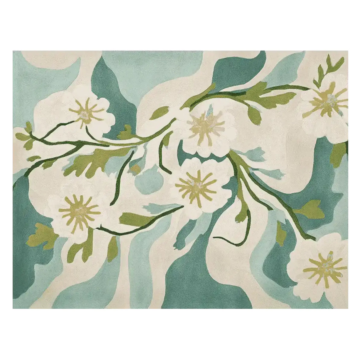 A close-up view of the Painterly Petal Dream Hand Tufted Rug, showcasing its artistic floral design. This contemporary wool rug features soft, flowing patterns in shades of teal, cream, and green, ideal for enhancing living room area rugs collection.