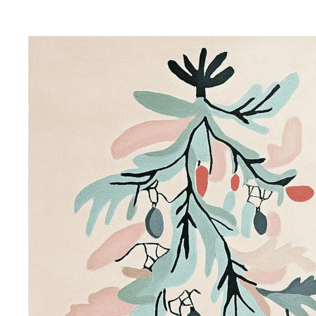 Close-up view of the Painterly Pine Cheer Hand Tufted Area Rug, showcasing a beautiful abstract design with pine branches in soft pastel colors. This wool rug adds a touch of elegance to large living room areas, perfect for those seeking stylish living room area rugs.