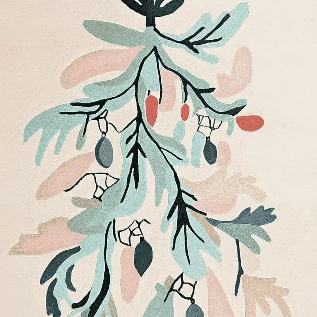 Close-up view of the Painterly Pine Cheer Hand Tufted Rug, showcasing its intricate abstract foliage design in soft pastel colors. This wool area rug is perfect for adding a touch of nature-inspired elegance to large living rooms.