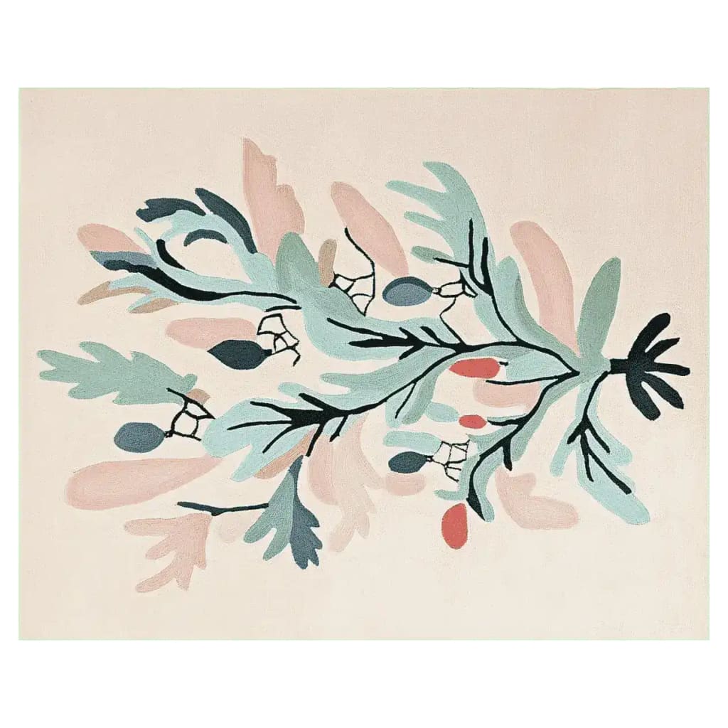 The Painterly Pine Cheer Hand Tufted Area Rug showcases a beautiful abstract design with soft pastel colors of green, peach, and blue on a cream background, perfect for large living room spaces. This wool rug adds an artistic flair to any home decor, making it an ideal choice for those seeking stylish living room area rugs.