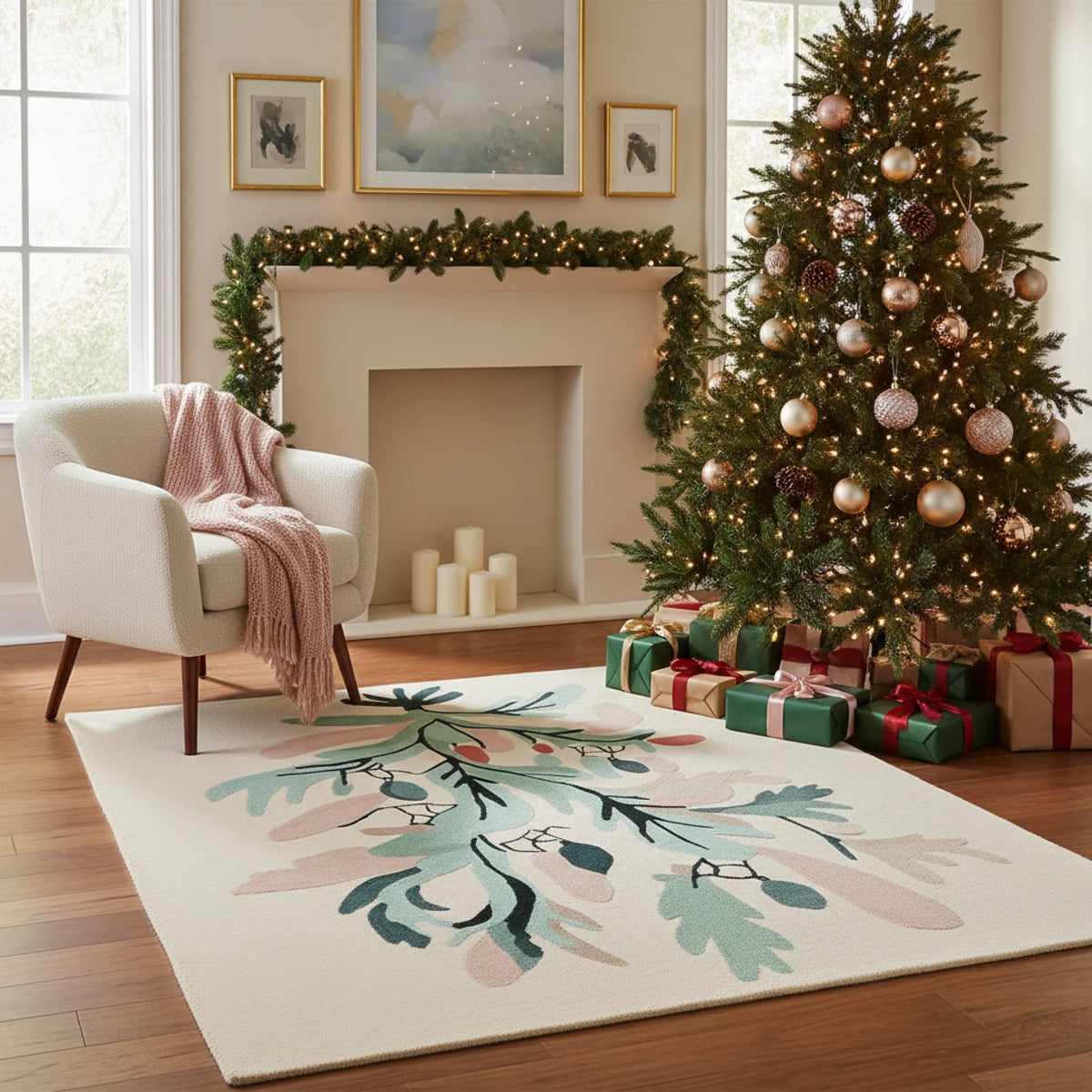 Living room with a decorated Christmas tree, fireplace, a contemporary wool rug, and an armchair.