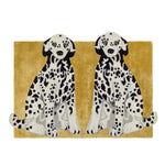A charming hand-tufted wool rug featuring two adorable black and white spotted dogs on a vibrant mustard background. Perfect for adding a touch of whimsy to large living room rugs, this contemporary rug serves as a delightful focal point in any living room area. Crafted with high-quality wool, this large area rug combines style and comfort seamlessly.