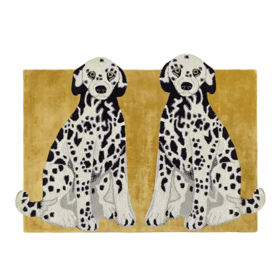 A charming hand-tufted wool rug featuring two adorable black and white spotted dogs on a vibrant mustard background. Perfect for adding a touch of whimsy to large living room rugs, this contemporary rug serves as a delightful focal point in any living room area. Crafted with high-quality wool, this large area rug combines style and comfort seamlessly.