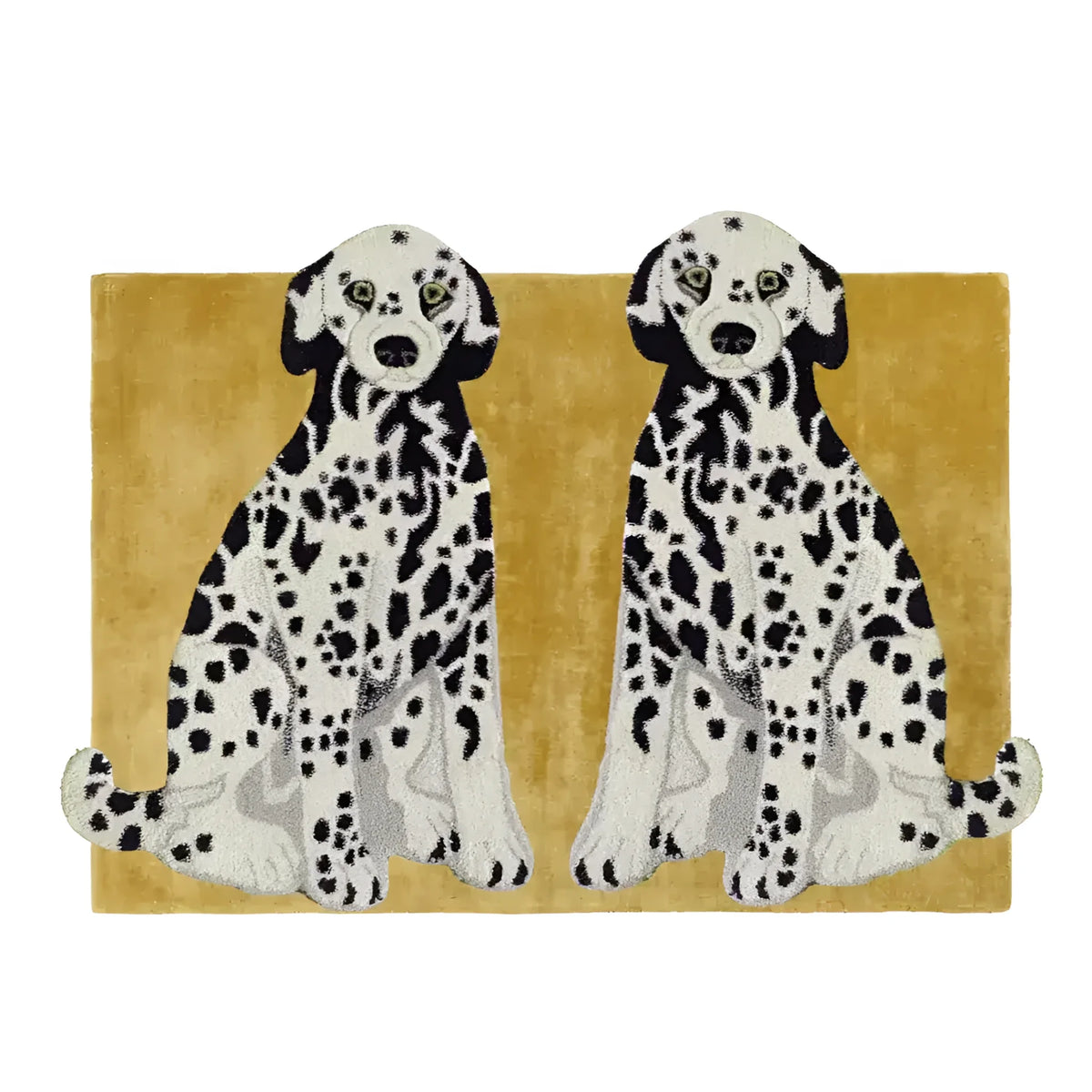 A charming hand-tufted wool rug featuring two adorable black and white spotted dogs on a vibrant mustard background. Perfect for adding a touch of whimsy to large living room rugs, this contemporary rug serves as a delightful focal point in any living room area. Crafted with high-quality wool, this large area rug combines style and comfort seamlessly.