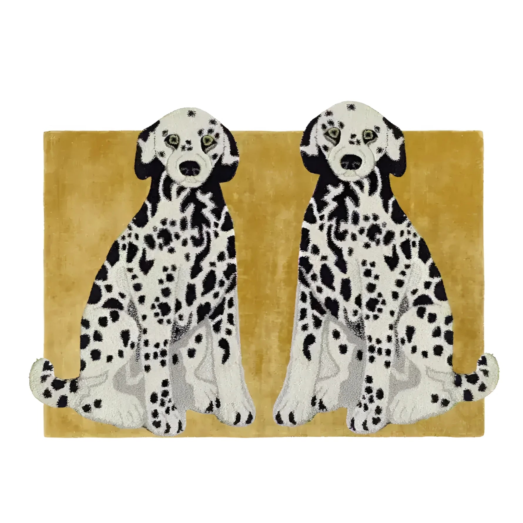 A charming hand-tufted wool rug featuring two adorable black and white spotted dogs on a vibrant mustard background. Perfect for adding a touch of whimsy to large living room rugs, this contemporary rug serves as a delightful focal point in any living room area. Crafted with high-quality wool, this large area rug combines style and comfort seamlessly.