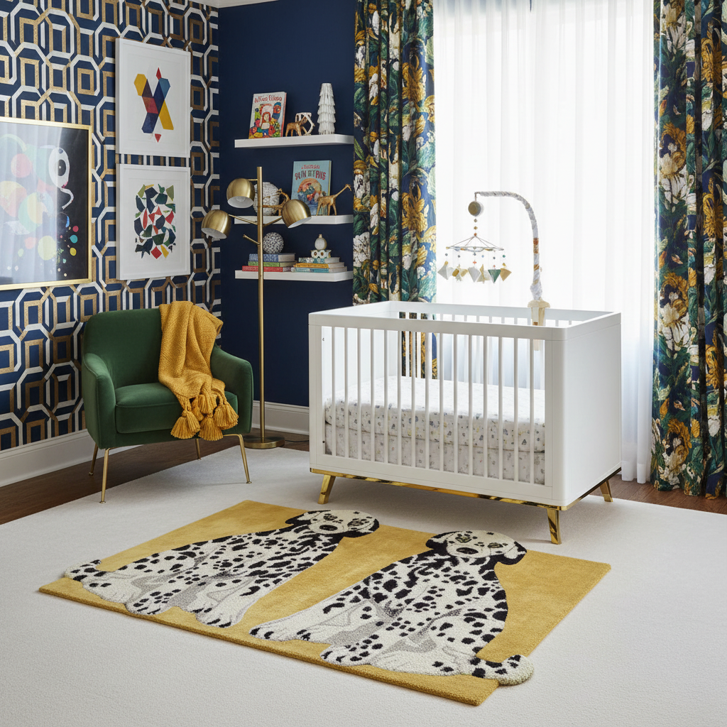 Nursery room with a white crib, green chair, and patterned rug.