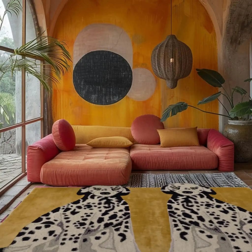 A vibrant living room featuring a contemporary wool rug with an abstract dog design in mustard, complementing a large, cozy pink sectional sofa. The area rug adds a modern touch to the large space, enhanced by the colorful wall art and a woven pendant light.