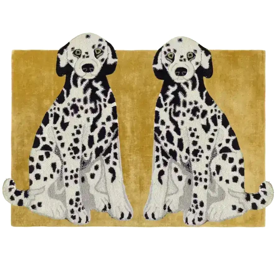 Pair of Doggie Hand Tufted Wool Rug in Mustard color, featuring two stylized Dalmatian dogs. Ideal for large living room spaces, this contemporary rug adds a playful yet sophisticated touch to your decor. Perfect as a living room area rug, combining comfort with bold design in a large area rug format.