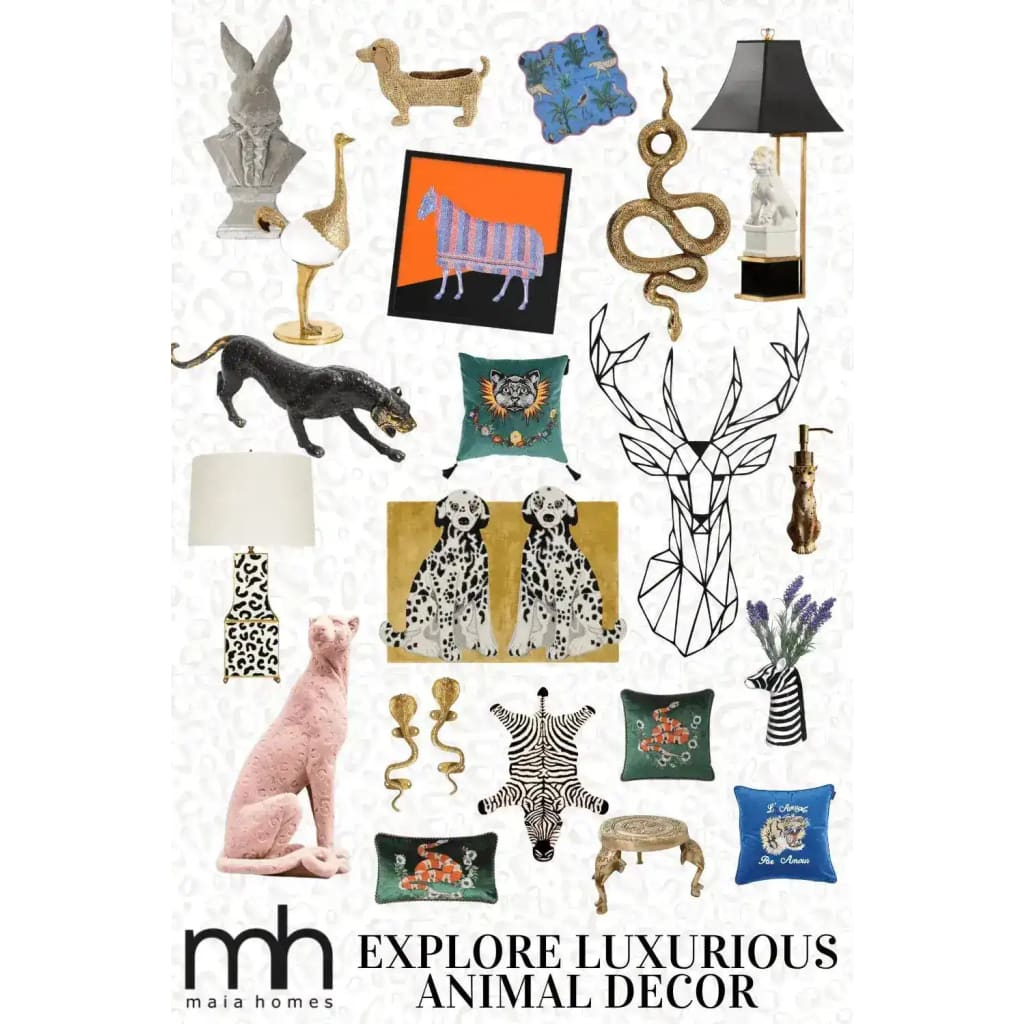 A vibrant collage showcasing luxurious animal-themed decor pieces, featuring a Pair of Doggie Hand Tufted Wool Rug in mustard. This contemporary wool rug is ideal for large living room spaces, adding a touch of elegance and warmth. The image highlights various animal motifs and eclectic decor items, perfect for enhancing your living room area with style and sophistication.