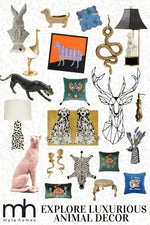 A vibrant collage showcasing luxurious animal-themed decor pieces, featuring a Pair of Doggie Hand Tufted Wool Rug in mustard. This contemporary wool rug is ideal for large living room spaces, adding a touch of elegance and warmth. The image highlights various animal motifs and eclectic decor items, perfect for enhancing your living room area with style and sophistication.