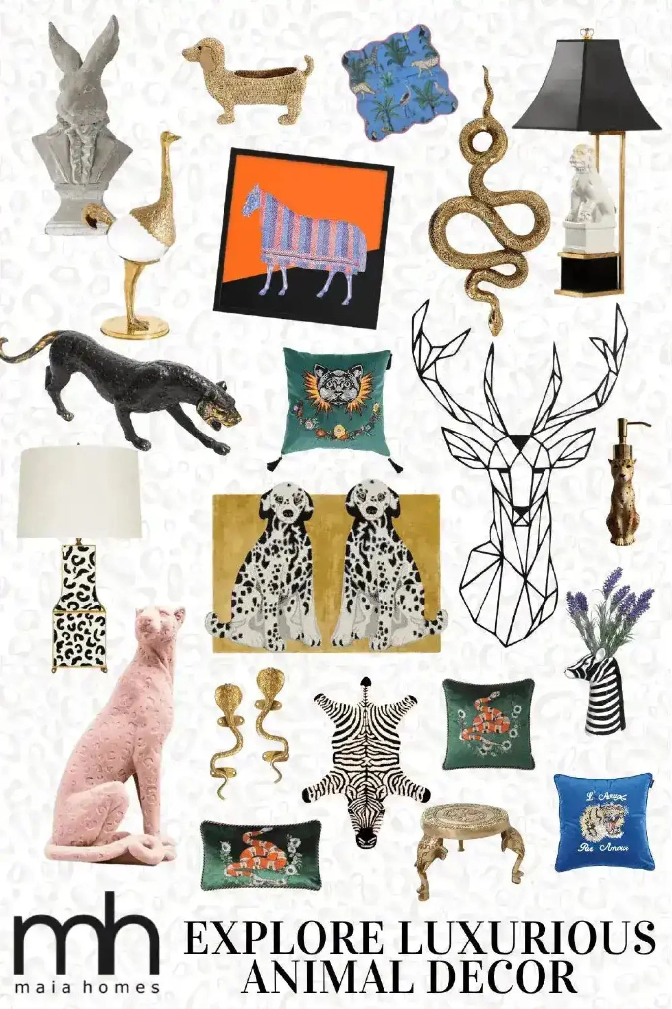 A vibrant collage showcasing luxurious animal-themed decor pieces, featuring a Pair of Doggie Hand Tufted Wool Rug in mustard. This contemporary wool rug is ideal for large living room spaces, adding a touch of elegance and warmth. The image highlights various animal motifs and eclectic decor items, perfect for enhancing your living room area with style and sophistication.