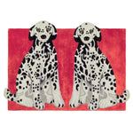 Charming Pair of Doggie Hand Tufted Wool Rug in Red. This contemporary area rug features two stylized black and white dogs on a vibrant red background, making it an eye-catching addition to any living room. Perfectly sized for living room rugs 8x10, this wool rug adds a touch of vintage charm and warmth to your space.