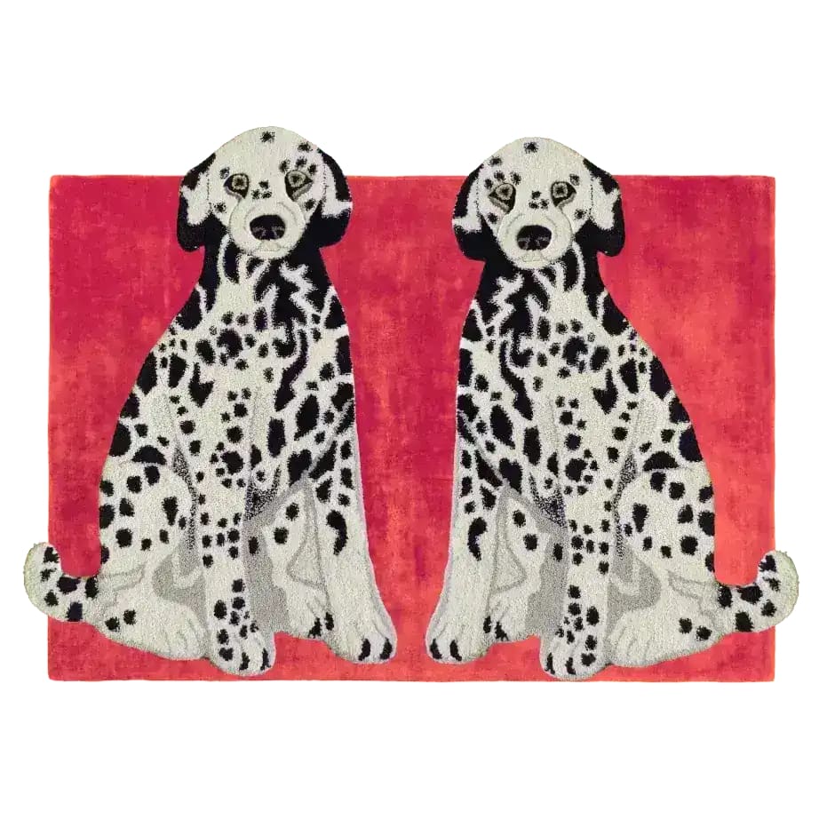 Charming Pair of Doggie Hand Tufted Wool Rug in Red. This contemporary area rug features two stylized black and white dogs on a vibrant red background, making it an eye-catching addition to any living room. Perfectly sized for living room rugs 8x10, this wool rug adds a touch of vintage charm and warmth to your space.