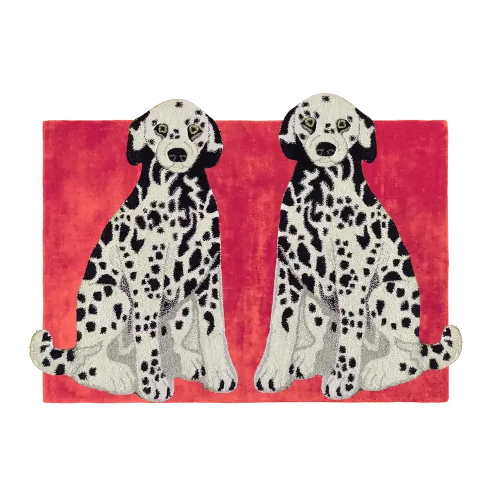 A vibrant, hand-tufted wool rug featuring two charming dalmatian dogs on a bold red background. This contemporary area rug is perfect for adding a playful touch to your living room. Ideal as an 8x10 living room rug, it combines the allure of vintage design with modern aesthetics, making it a standout piece for any contemporary living space.