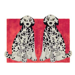 A vibrant, hand-tufted wool rug featuring two charming dalmatian dogs on a bold red background. This contemporary area rug is perfect for adding a playful touch to your living room. Ideal as an 8x10 living room rug, it combines the allure of vintage design with modern aesthetics, making it a standout piece for any contemporary living space.