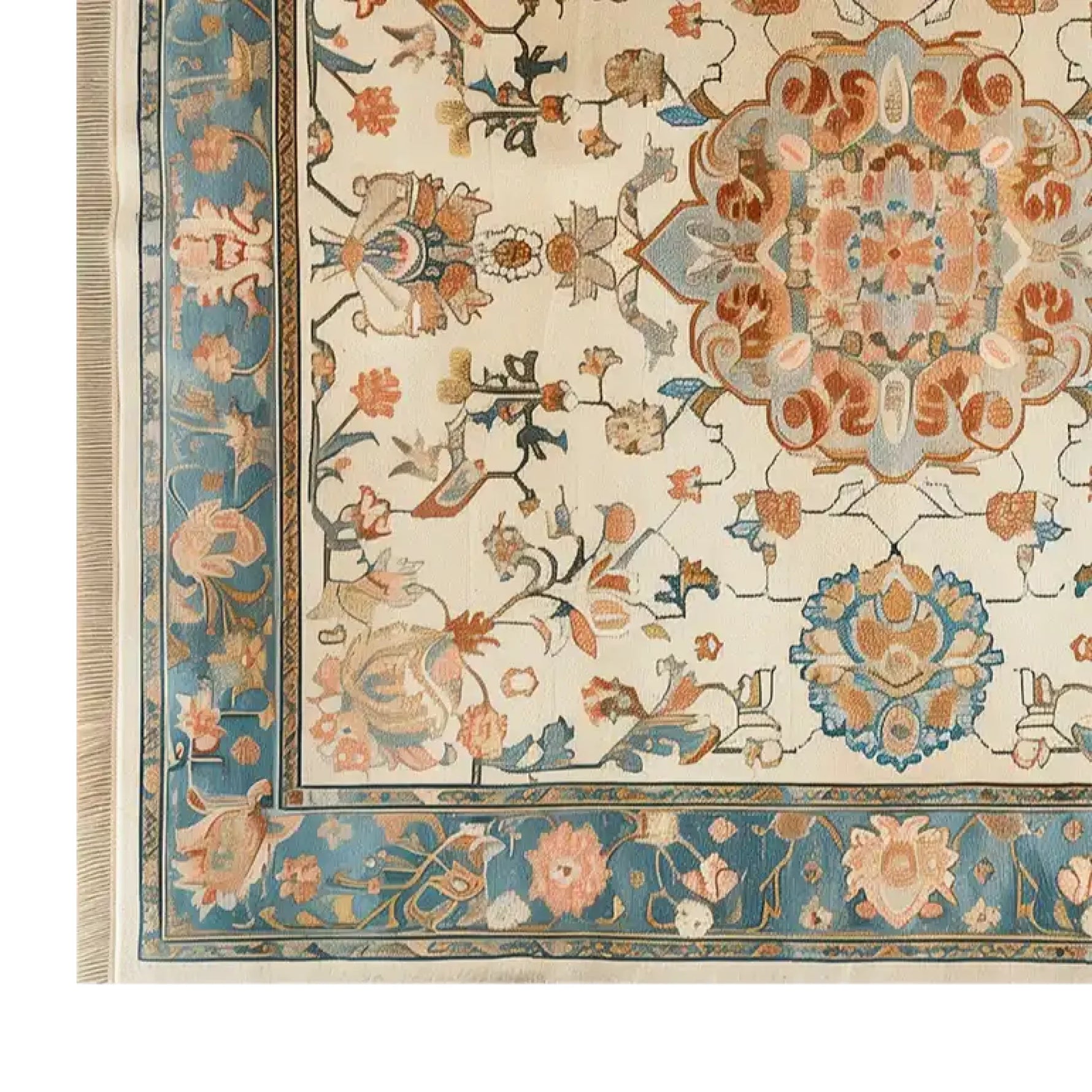 A beautifully detailed area rug showcasing intricate floral patterns in vibrant blues, oranges, and beiges. The Palace Blossoms Knotted Wool Rug features a classic design perfect for adding elegance to any living room. This 8x10 floral rug is ideal for those seeking stylish and sophisticated rugs for living room spaces.