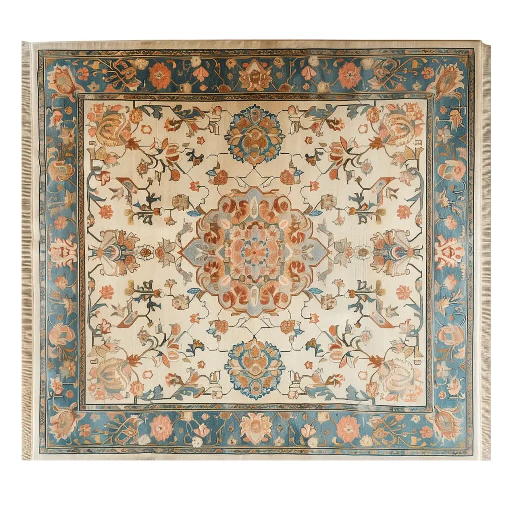 Beautiful knotted wool area rug featuring an intricate floral design with a striking medallion center. The rug, perfect for adding elegance to any space, showcases a blend of warm and cool tones ideal for living room settings. A must-have for those seeking an 8x10 floral rug to complement their home decor.