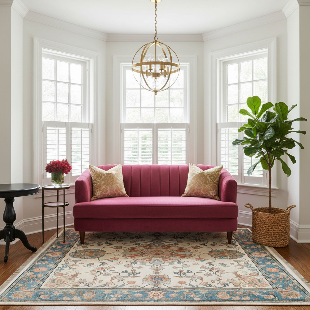 Living room with a pink sofa, decorative rug, and a large window.