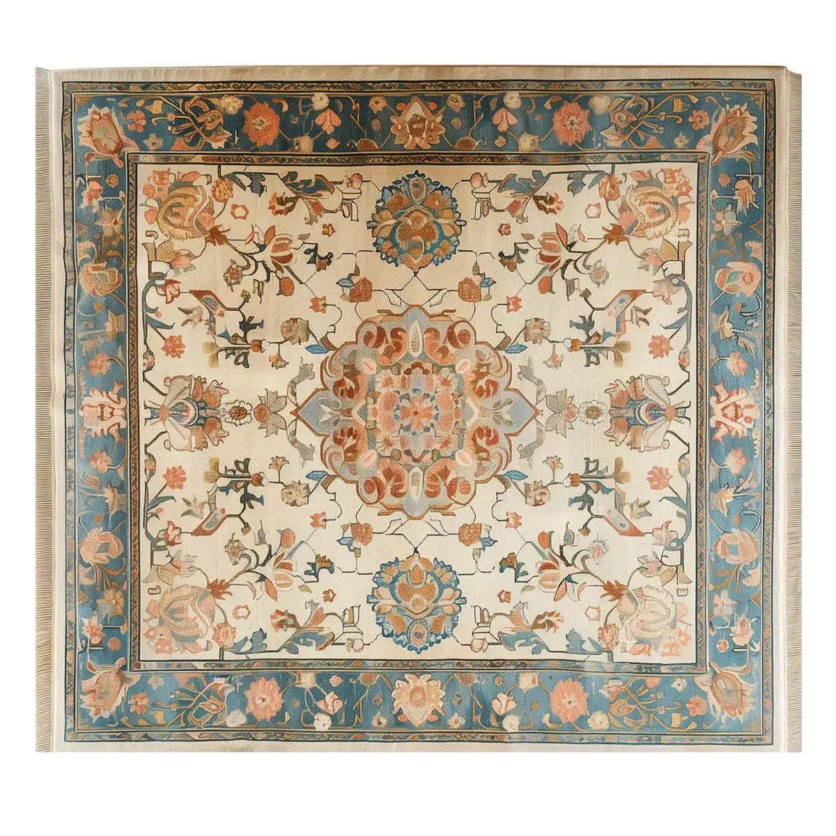 Beautiful knotted wool area rug featuring an intricate floral design with a striking medallion center. The rug, perfect for adding elegance to any space, showcases a blend of warm and cool tones ideal for living room settings. A must-have for those seeking an 8x10 floral rug to complement their home decor.