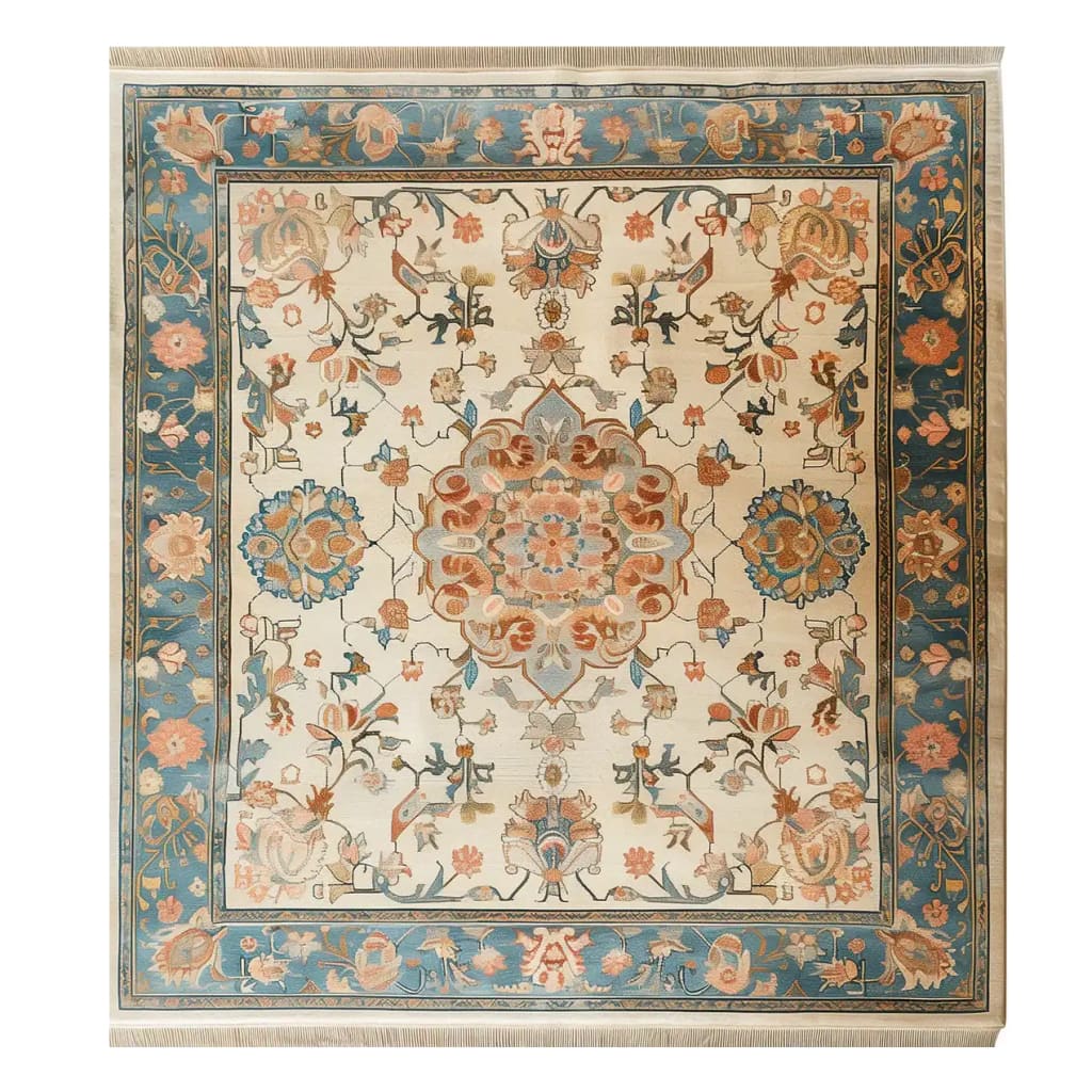 Intricately designed Palace Blossoms Knotted Wool Rug, showcasing a detailed floral pattern in warm tones, perfect as an area rug for enhancing living room aesthetics. This 8x10 rug features a captivating border and central medallion, ideal for those seeking elegant floral rugs for their living space.
