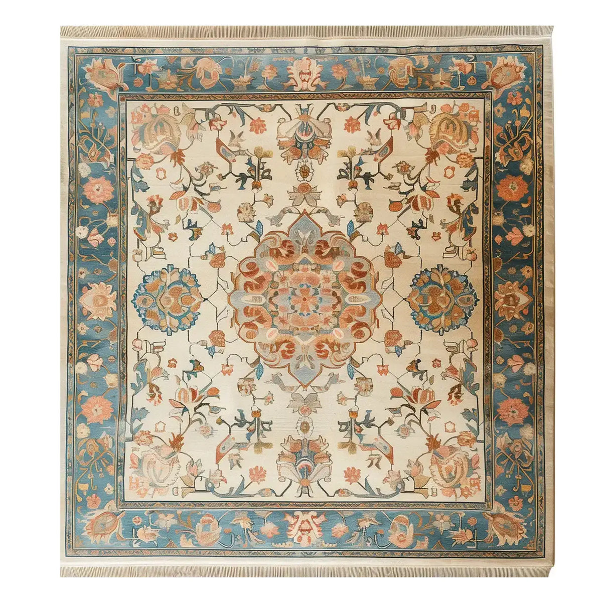Intricately designed Palace Blossoms Knotted Wool Rug, showcasing a detailed floral pattern in warm tones, perfect as an area rug for enhancing living room aesthetics. This 8x10 rug features a captivating border and central medallion, ideal for those seeking elegant floral rugs for their living space.