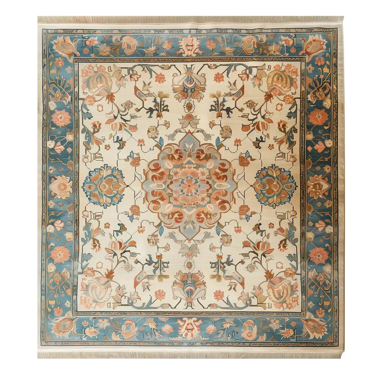 Intricately designed Palace Blossoms Knotted Wool Rug, showcasing a detailed floral pattern in warm tones, perfect as an area rug for enhancing living room aesthetics. This 8x10 rug features a captivating border and central medallion, ideal for those seeking elegant floral rugs for their living space.