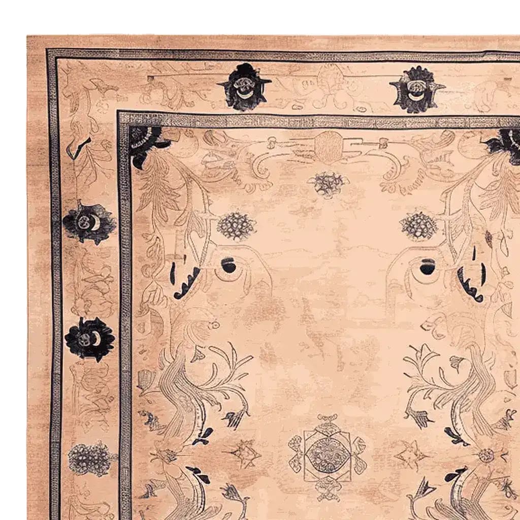 Top view of a Palace Garden Hand Knotted Area Rug featuring intricate floral patterns. This wool rug is perfect for adding elegance to large living rooms.