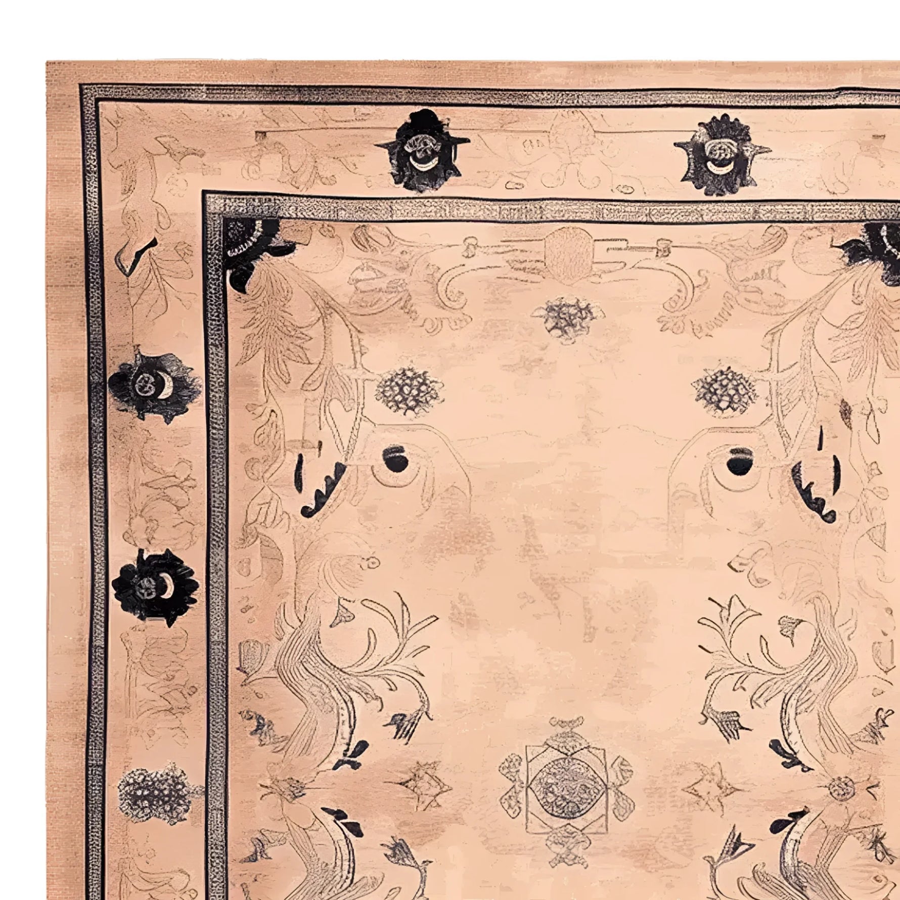 Top view of a Palace Garden Hand Knotted Area Rug featuring intricate floral patterns. This wool rug is perfect for adding elegance to large living rooms.