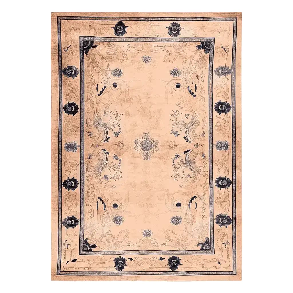 A beautifully detailed Palace Garden Hand Knotted Area Rug featuring an intricate floral design, perfect for adding elegance to any living room. This wool rug showcases a sophisticated blend of colors and patterns, making it an ideal choice for large living room spaces.