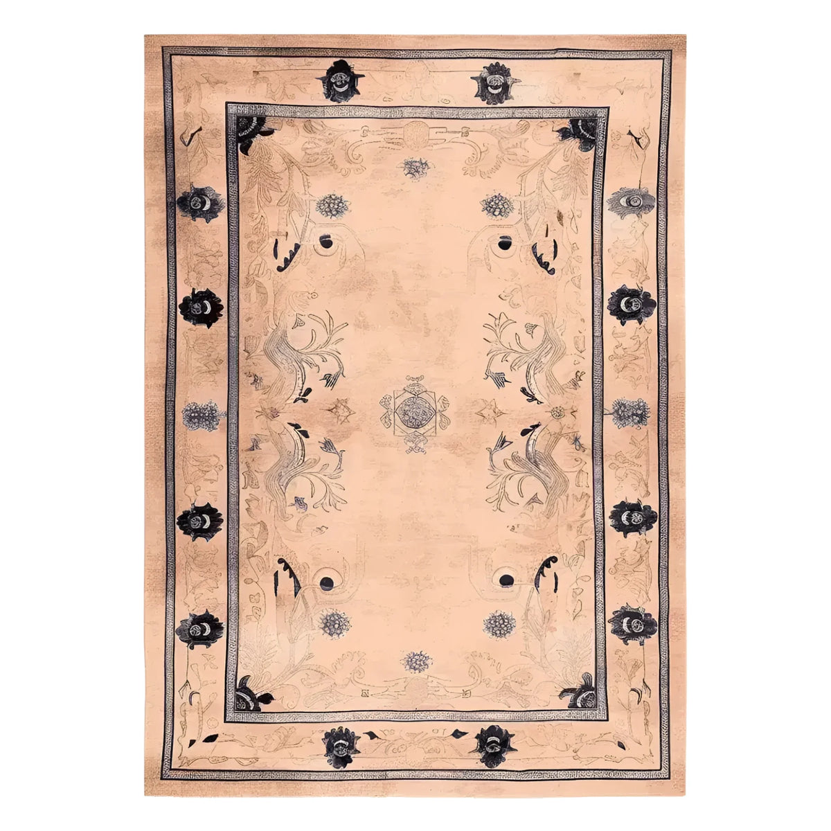 A beautifully detailed Palace Garden Hand Knotted Area Rug featuring an intricate floral design, perfect for adding elegance to any living room. This wool rug showcases a sophisticated blend of colors and patterns, making it an ideal choice for large living room spaces.