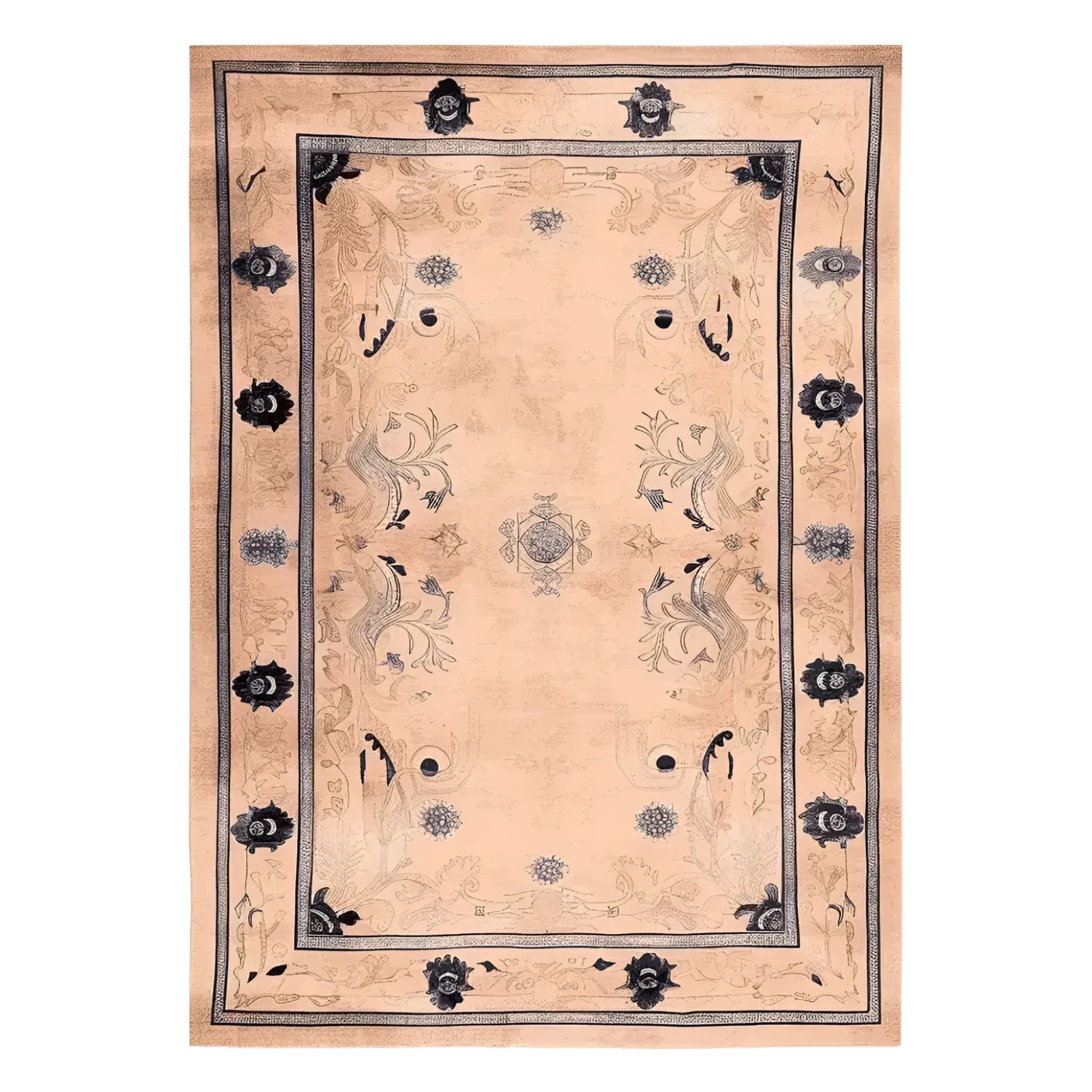 A beautifully detailed Palace Garden Hand Knotted Area Rug featuring an intricate floral design, perfect for adding elegance to any living room. This wool rug showcases a sophisticated blend of colors and patterns, making it an ideal choice for large living room spaces.