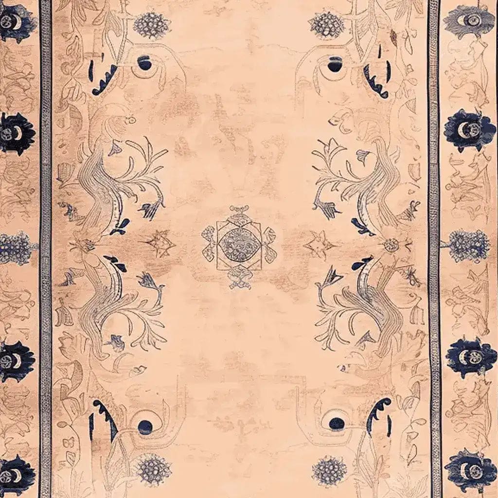 A beautifully designed Palace Garden Hand Knotted Area Rug, showcasing intricate floral patterns in rich blue and beige tones. This wool rug is perfect for adding elegance to a living room. Ideal as a large living room rug, it combines traditional craftsmanship with a modern aesthetic.