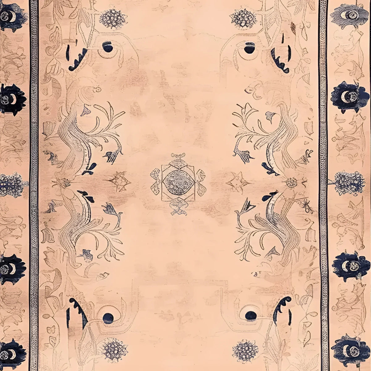 A beautifully designed Palace Garden Hand Knotted Area Rug, showcasing intricate floral patterns in rich blue and beige tones. This wool rug is perfect for adding elegance to a living room. Ideal as a large living room rug, it combines traditional craftsmanship with a modern aesthetic.